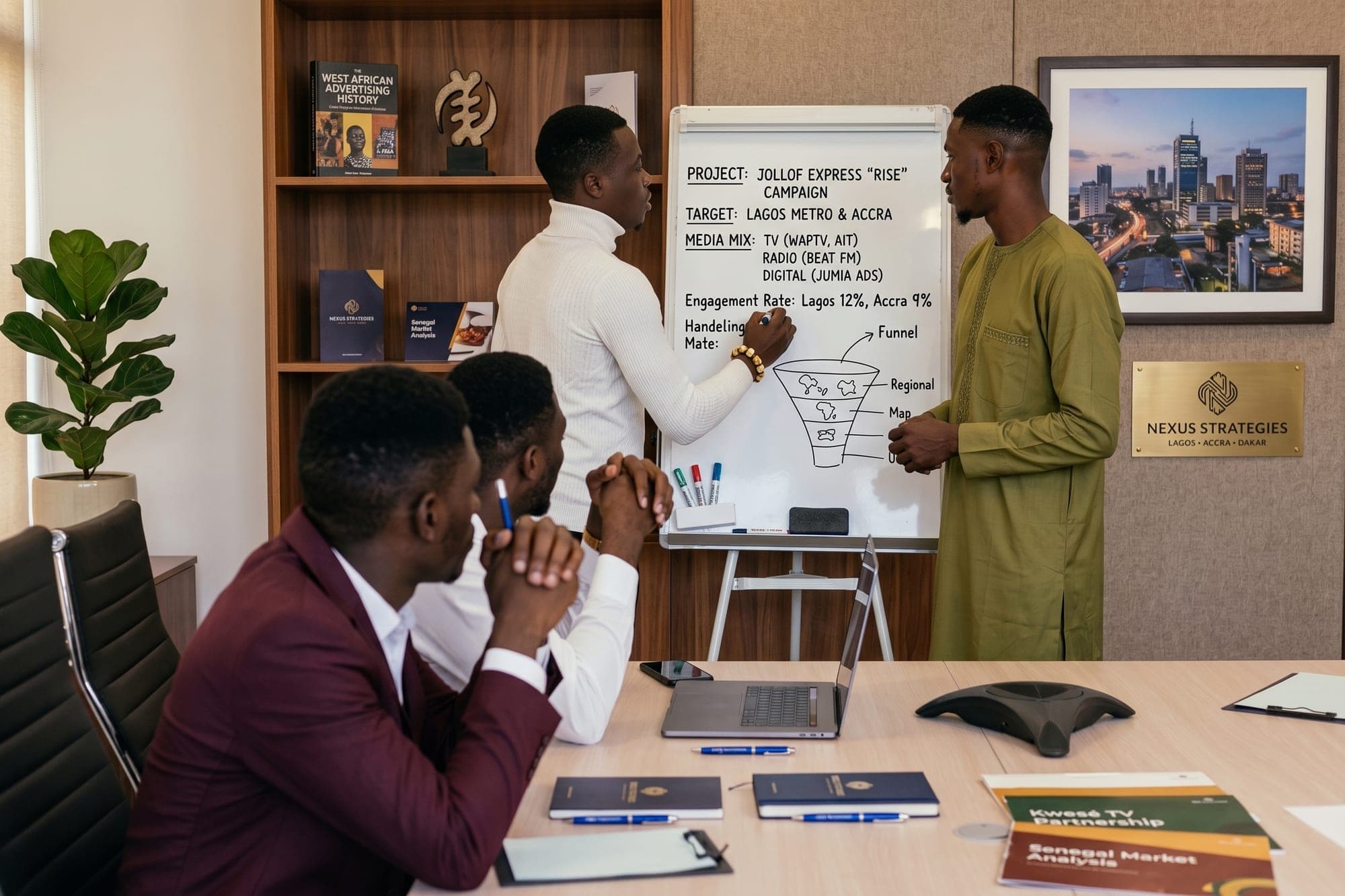 An agency campaign review at the whiteboard: media mix, target cities and engagement rates for a client who is not in the room.