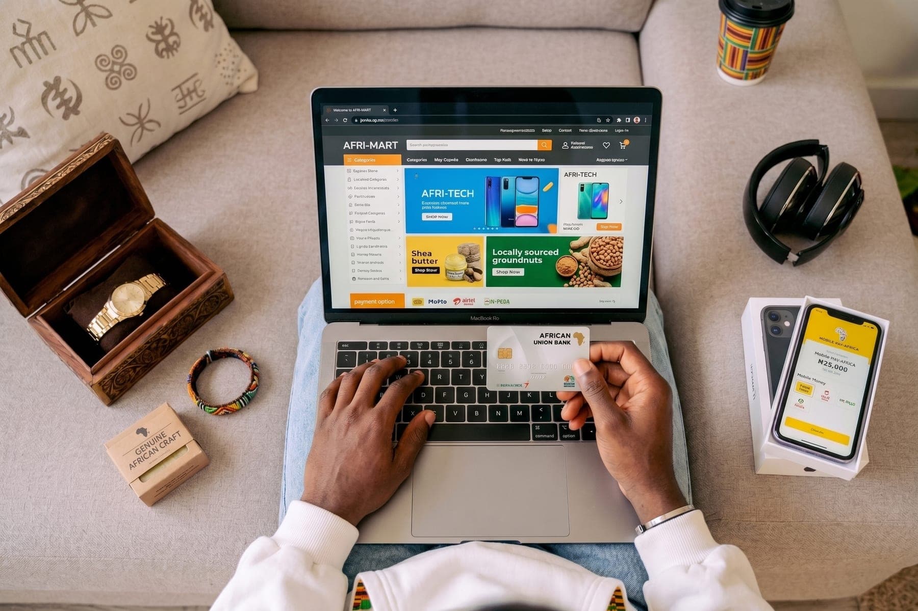 A marketplace open on a laptop, card in hand, mid-checkout. Thousands of small transactions, one at a time.